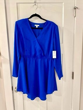 Bar III Royal Blue Long Sleeve Wrap Dress Size Large NWT High Low